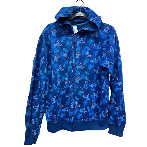 Disney Stitch Blue Zip-Up Hoodie Sz M Allover Tropical Print Cotton Blend - Picture 1 of 5